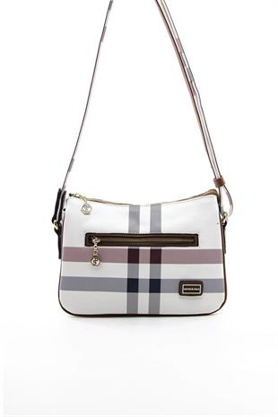 Silver & Polo SP818 Kadın Çapraz Çanta Ekose Beyaz-Taba