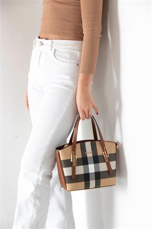 Silver & Polo SP1021 Kadın El Çantası Ekose Bej-Taba