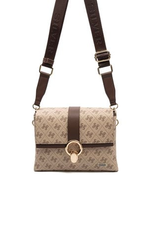 Silver & Polo SP1275 Kadın Çapraz Çanta Monogram Koyu Bej-Kahve