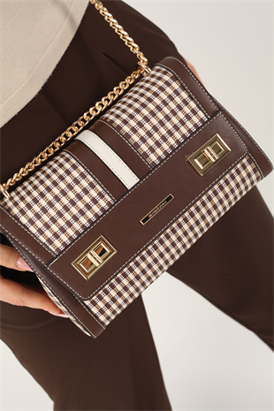Silver & Polo SP1139 Kadın Çapraz Çanta Ekose Line Kare Kahve Sarı-Kahve