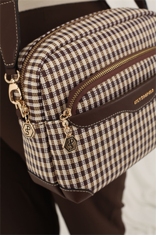 Silver & Polo SP1201 Kadın Çapraz Çanta Ekose Line Kare Kahve Sarı-Kahve