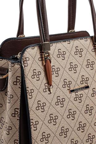 Silver & Polo SP1136 Kadın El Çantası Monogram Koyubej-Kahve
