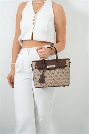 Silver & Polo SP1185 Kadın El Çantası Monogram Koyubej-Kahve
