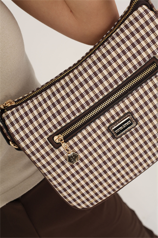 Silver & Polo SP818 Kadın Çapraz Çanta Ekose Line Kare Kahve Sarı-Kahve