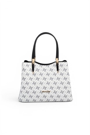 Silver Polo Beyaz - Siyah Monogram Kadın El Çantası SP1205