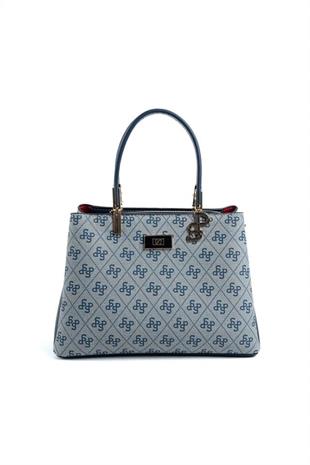 Silver & Polo SP1098 Kadın El Çantası Monogram Gri-Lacivert