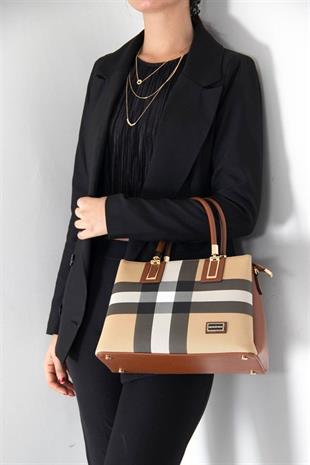 Silver & Polo SP1000 Kadın El Çantası Ekose Bej-Taba