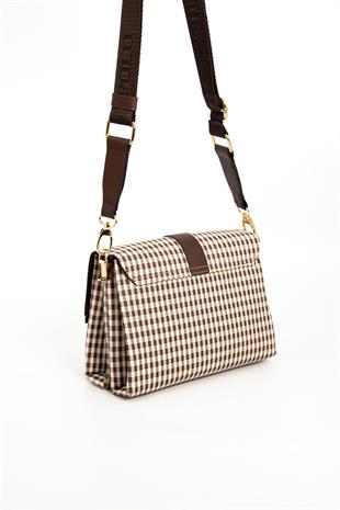 Silver & Polo SP1009 Kadın Çapraz Çanta Ekose Line Kare Kahve Sarı-Kahve