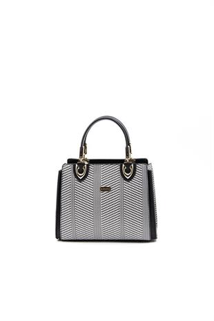 Silver & Polo SP1133 Kadın El Çantası Hasır Siyah Beyaz-Siyah