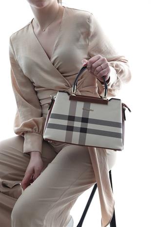 Silver & Polo SP913 Kadın El Çantası Ekose Krem-Taba