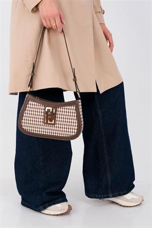 Silver & Polo SP1132 Kadın Çapraz Çanta Ekose Line Kare Kahve Sarı-Kahve