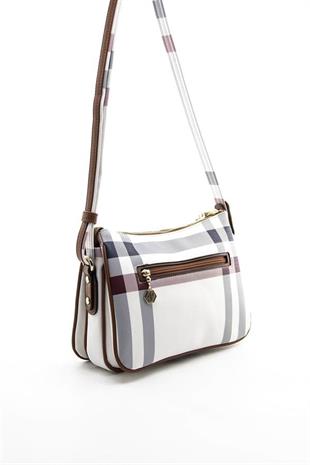 Silver & Polo SP818 Kadın Çapraz Çanta Ekose Beyaz-Taba