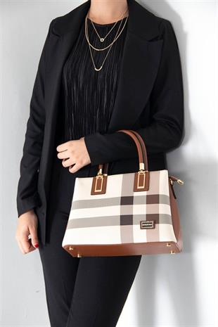 Silver & Polo SP1000 Kadın El Çantası Ekose Krem-Taba