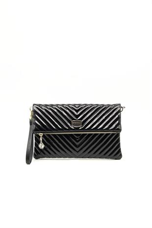 Silver Polo Rugan Siyah - Rugan Siyah Kapitone V Kadın Portföy ve Clutch El Çantası SP1134