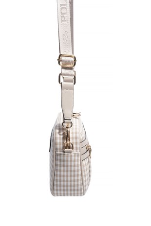 Silver & Polo SP1280 Kadın Çapraz Çanta Ekose Line Kare Kum Beji-Kum Beji