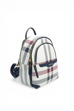 Silver & Polo SP1265 Kadın Sırt Çantası Ekose Beyaz-Lacivert