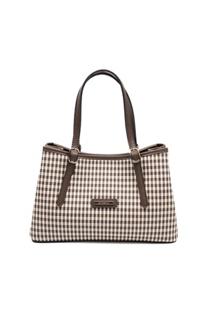 Silver & Polo SP1252 Kadın El Çantası Ekose Line Kare Kahve Sarı-Kahve