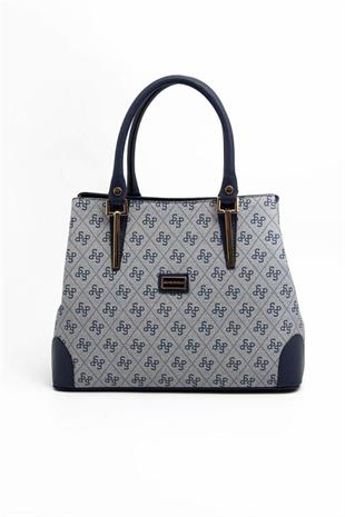 Silver & Polo SP667 Kadın El Çantası Monogram Gri-Lacivert