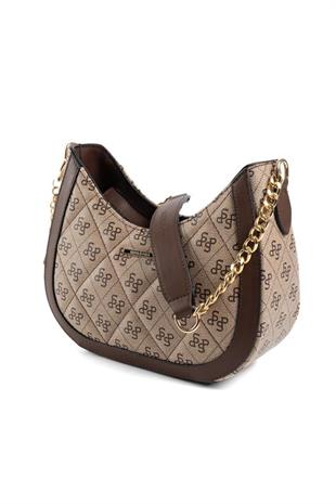 Silver & Polo SP1168 Kadın Omuz Çantası Monogram Koyubej-Kahve