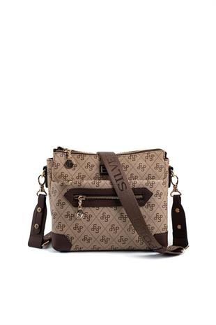 Silver & Polo SP1110 Kadın Çapraz Çanta Monogram Koyubej-Kahve