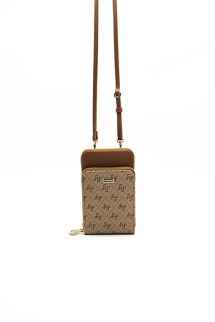 Silver & Polo SP1011 Kadın Telefon Çantası Monogram Koyu Bej-Taba