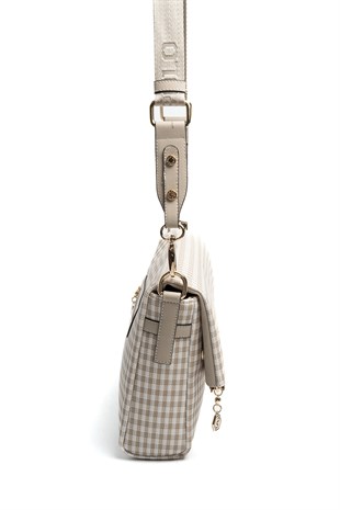 Silver & Polo SP963 Kadın Çapraz Çanta Ekose Line Kare Kum Beji-Kum Beji