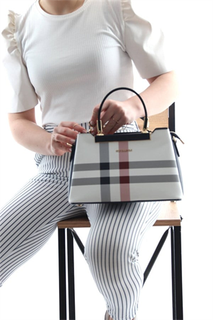 Silver & Polo SP913 Kadın El Çantası Ekose Beyaz-Lacivert