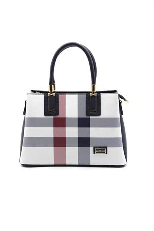 Silver & Polo SP1000 Kadın El Çantası Ekose Beyaz-Lacivert