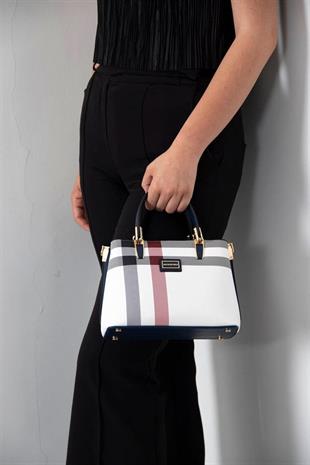 Silver & Polo SP987 Kadın El Çantası Ekose Beyaz-Lacivert