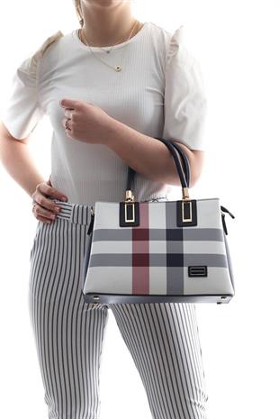 Silver & Polo SP1000 Kadın El Çantası Ekose Beyaz-Lacivert