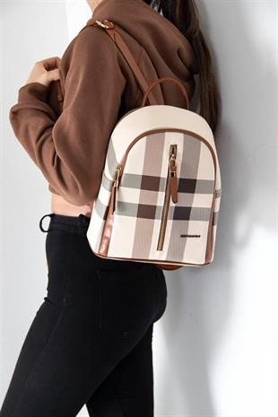 Silver & Polo SP901 Kadın Sırt Çantası Ekose Krem-Taba