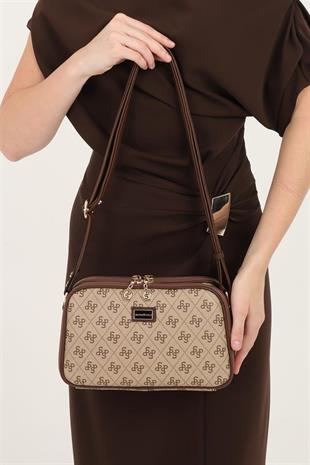 Silver & Polo SP899 Kadın Çapraz Çanta Monogram Koyubej-Kahve
