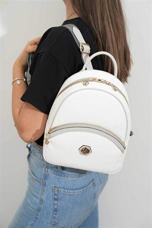 Silver & Polo SP945 Kadın Sırt Çantası Logolu Beyaz-A.Gri