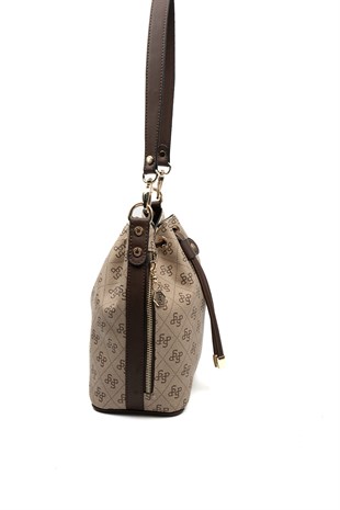 Silver Polo SP1137 Kadın Omuz Çantası Monogram Koyu Bej-Kahve