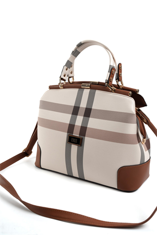 Silver & Polo SP706 Kadın El Çantası Ekose Krem-Taba