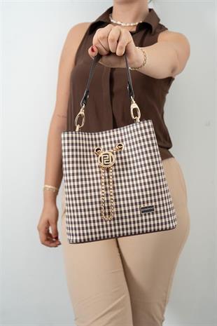 Silver & Polo SP967 Kadın Çapraz Çanta Ekose Line Kare Kahve Sarı-Kahve