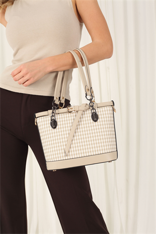 Silver & Polo SP1155 Kadın El Çantası Ekose Line Kare Kum Beji-Kum