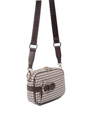 Silver & Polo SP1256 Kadın Çapraz Çanta Ekose Line Kare Kahve Sarı-Kahve