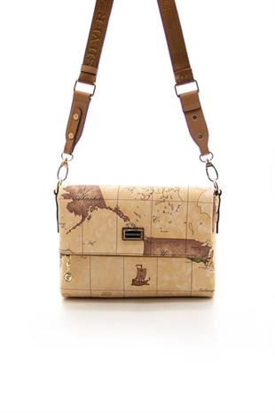 Silver & Polo SP963 Kadın Çapraz Çanta Harita Pudra-A.Taba