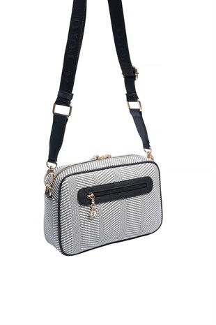 Silver & Polo SP1280 Kadın Çapraz Çanta Hasır Siyah Beyaz-Siyah