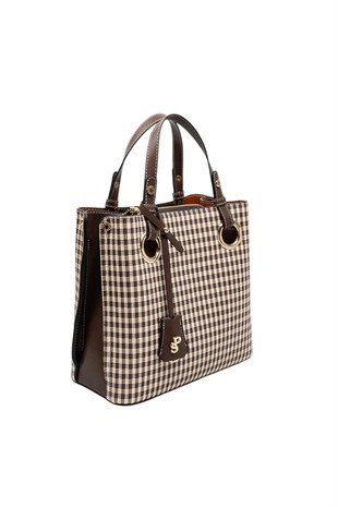 Silver & Polo SP975 Kadın El Çantası Ekose Line Kare Kahve Sarı-Kahve