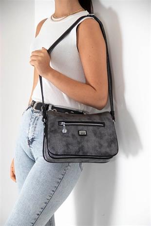 Silver & Polo SP818 Kadın Çapraz Çanta Petek M.Gümüş-Siyah