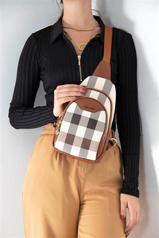 Silver & Polo SP959 Kadın Vücut Çantası Ekose Krem-Taba