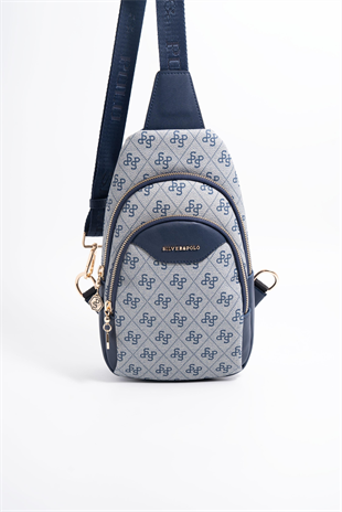 Silver & Polo SP959 Kadın Vücut Çantası Monogram Gri-Lacivert