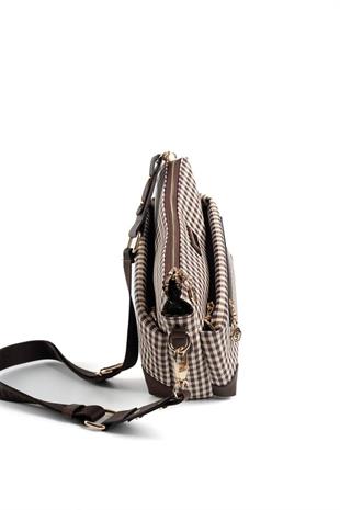 Silver & Polo SP1110 Kadın Çapraz Çanta Ekose Line Kare Kahve Sarı-Kahve