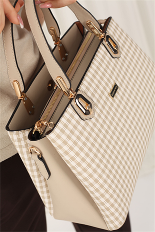 Silver & Polo SP1253 Kadın El Çantası Ekose Line Kare Kum Beji-Kum