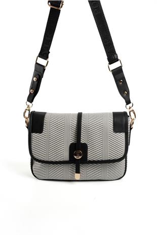 Silver & Polo SP1182 Kadın Çapraz Çanta Hasır Siyah Beyaz-Siyah