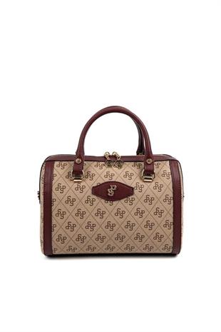 Silver & Polo SP1091 Kadın El Çantası Monogram Koyu Bej-Bordo