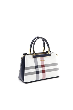 Silver & Polo SP913 Kadın El Çantası Ekose Beyaz-Lacivert