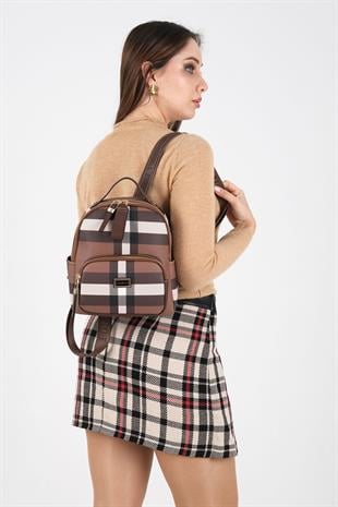 Silver Polo Koyu Kahve - Kahve Ekose Kadın Sırt Çantası SP1130